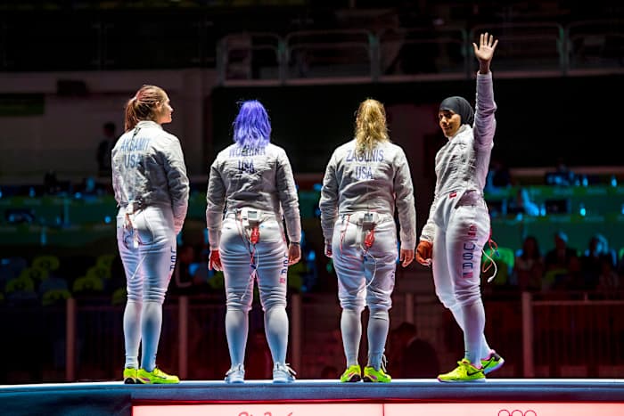 Muhammad (far right) in Rio, where she earned a 2016 bronze medal in team sabre.